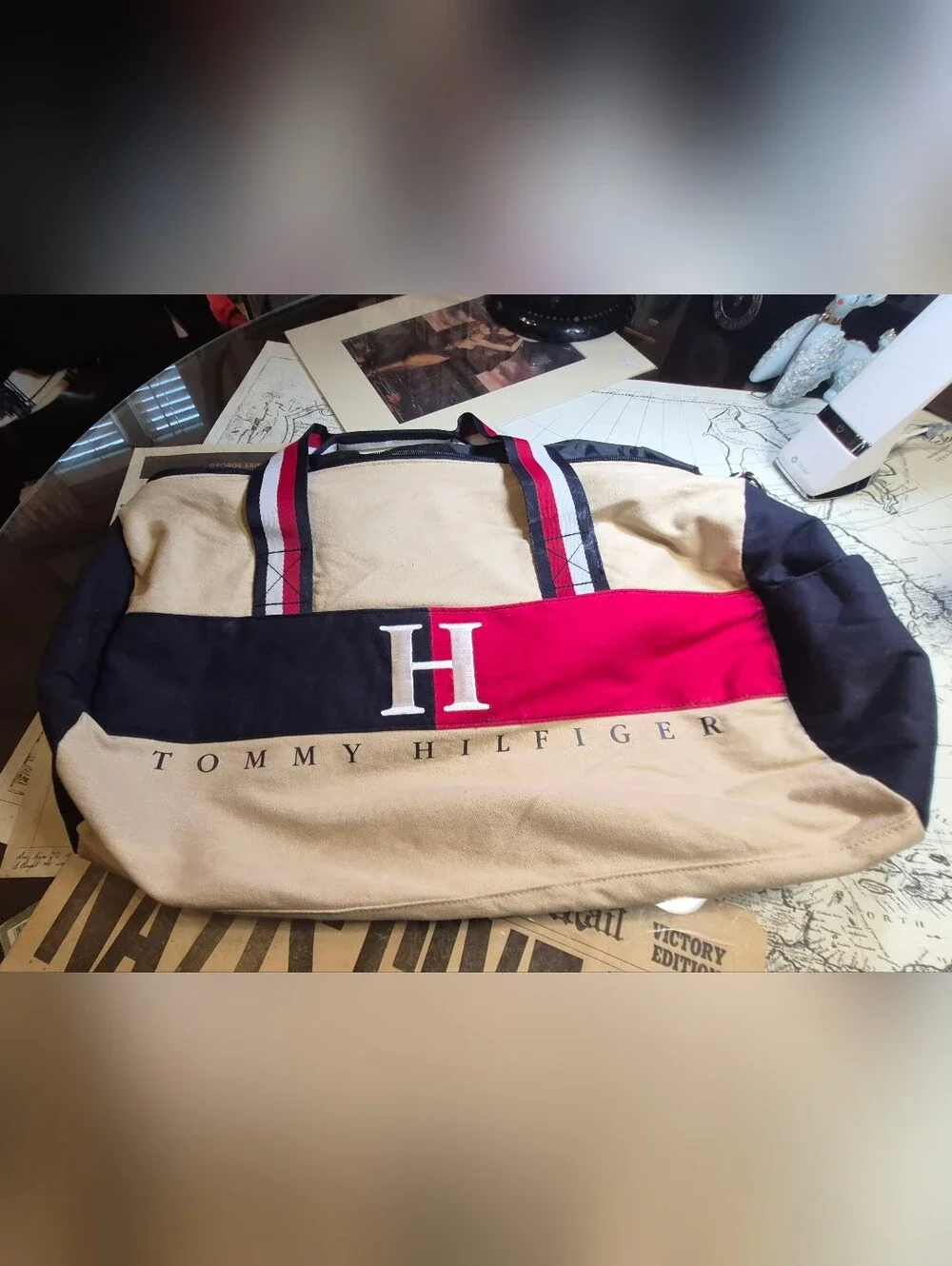 Tommy Hilfiger Beige Canvas Travel Tote with Red & Navy Accent
